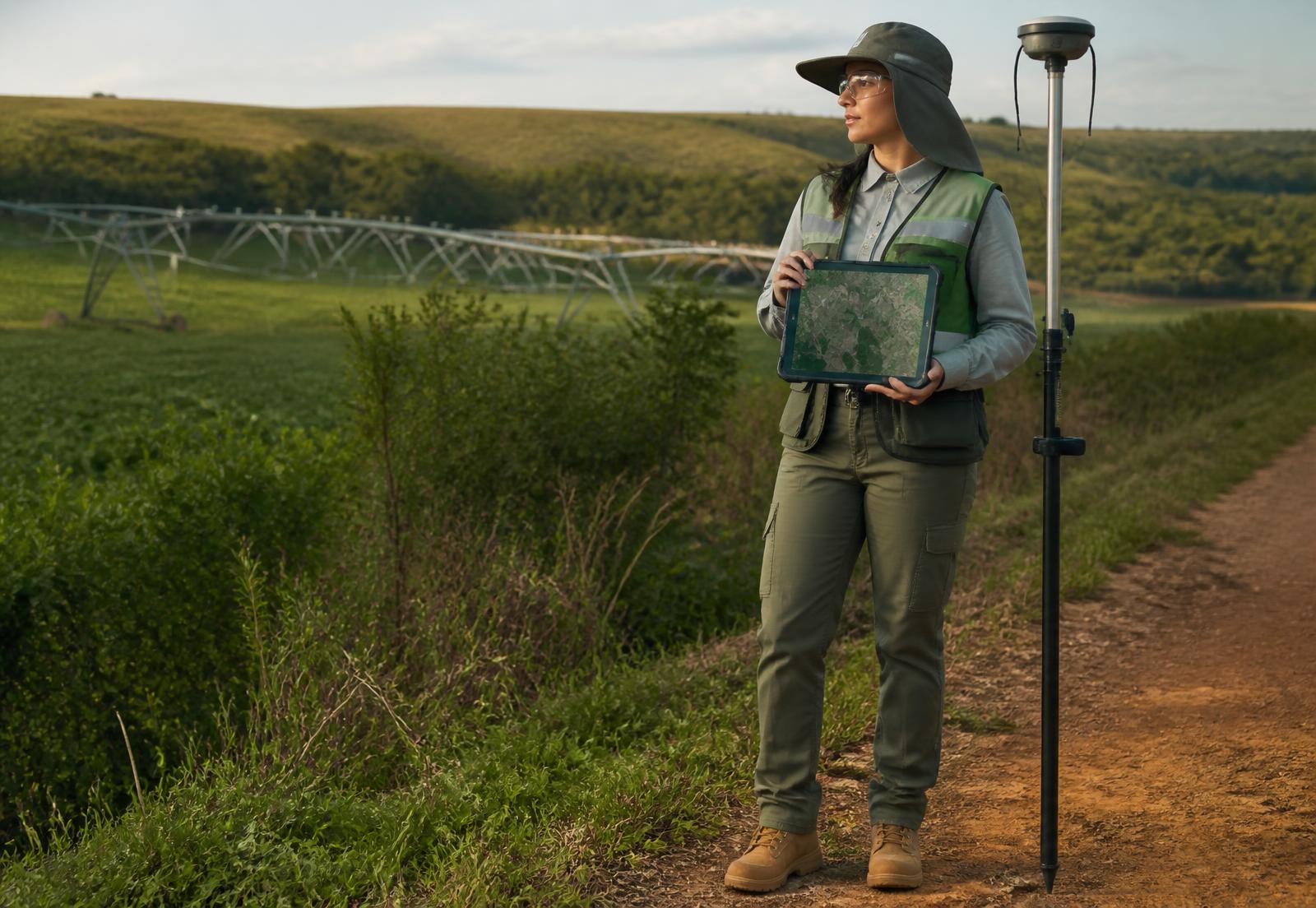 Engenheira ambiental com EPI, tablet e receptor GNSS em inspeção de propriedade rural