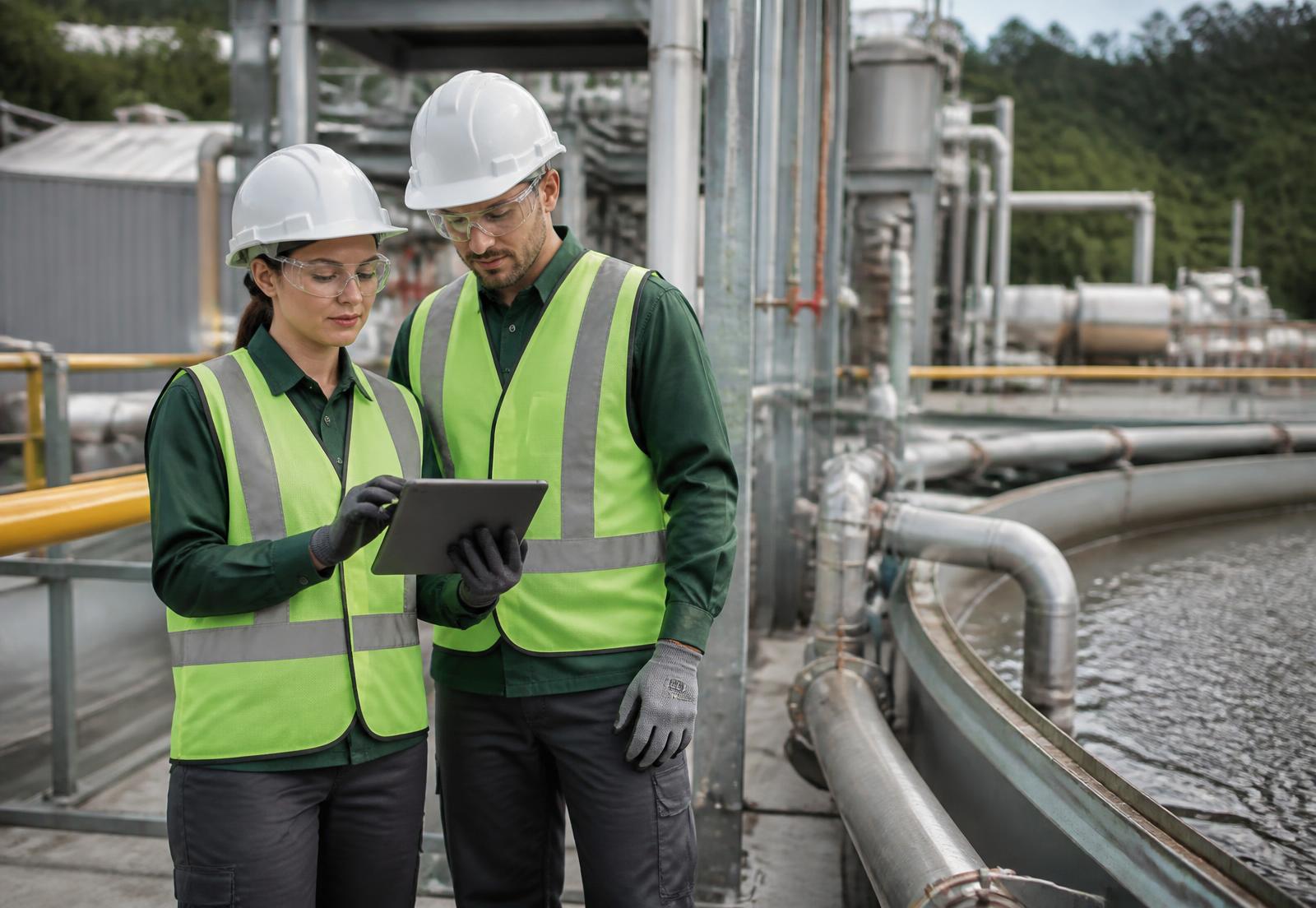 Equipe com EPIs realiza inspeção de conformidade em instalação industrial