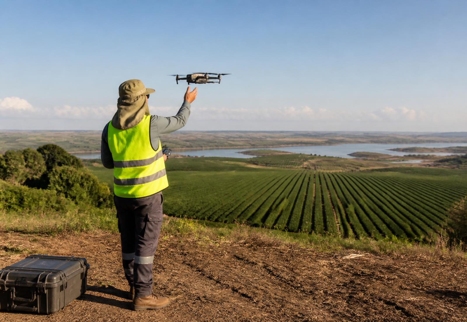 Profissional com EPI realiza levantamento territorial com drone